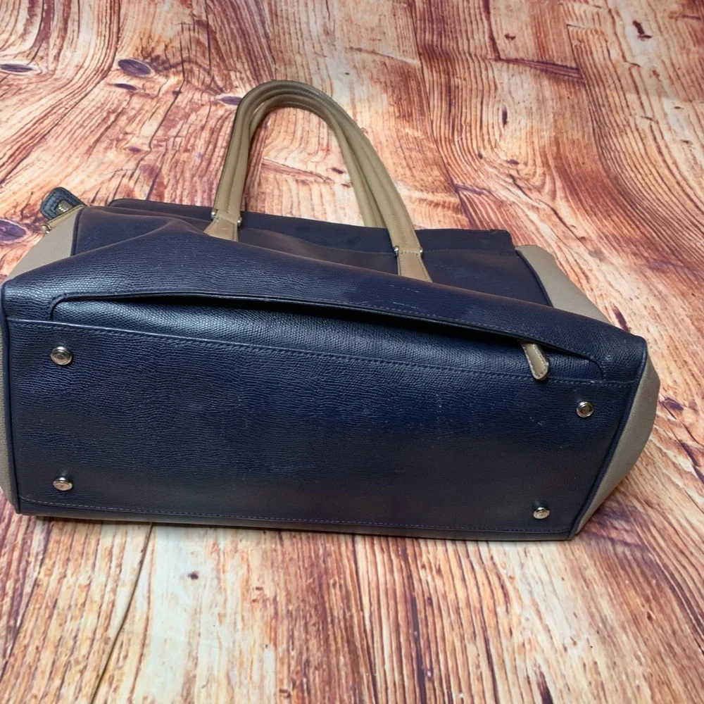 Tumi Pavia Satchel Bag Two Tone Navy Taupe Travel Laptop Tote. Embossed